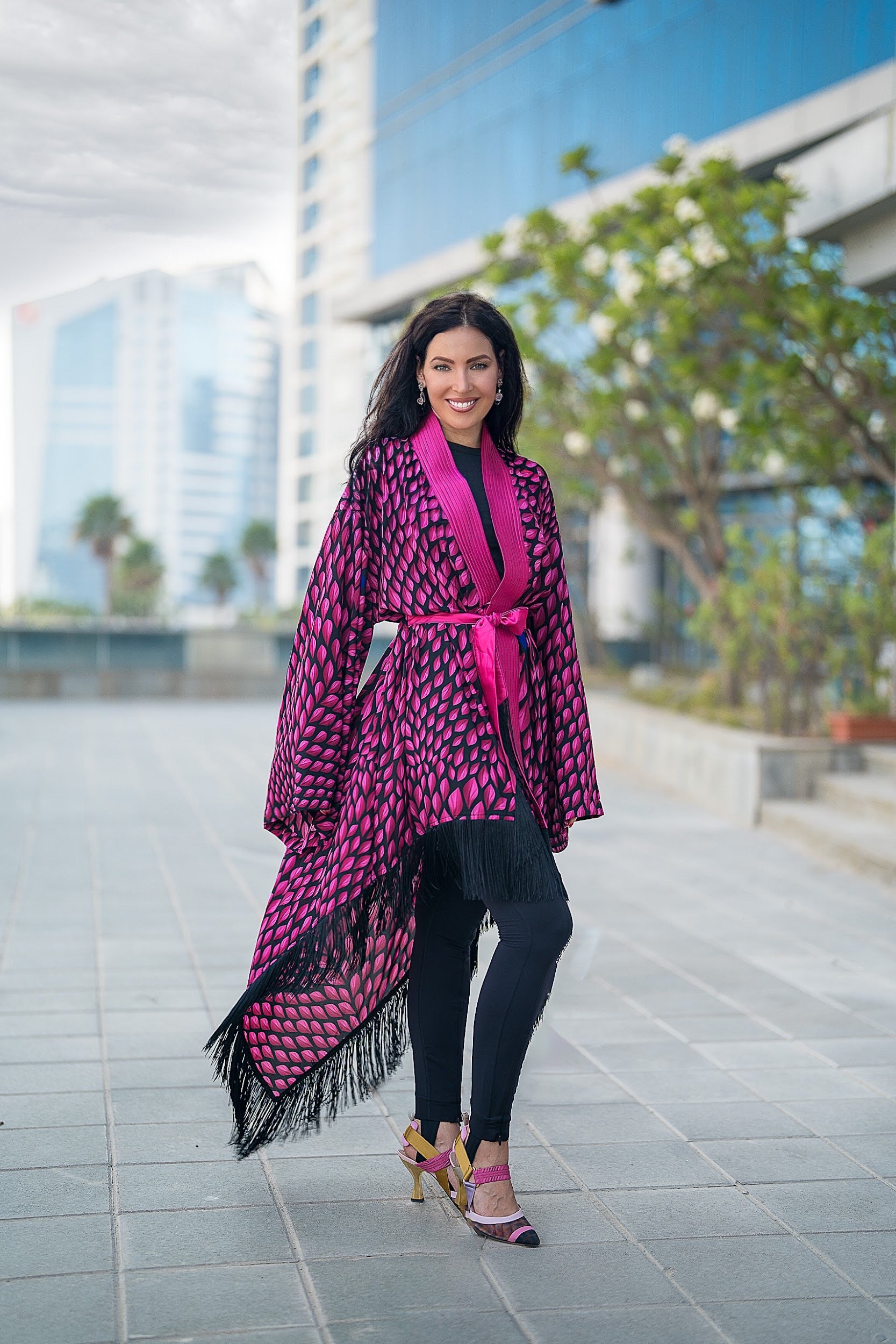 Bright pink with blue hearts