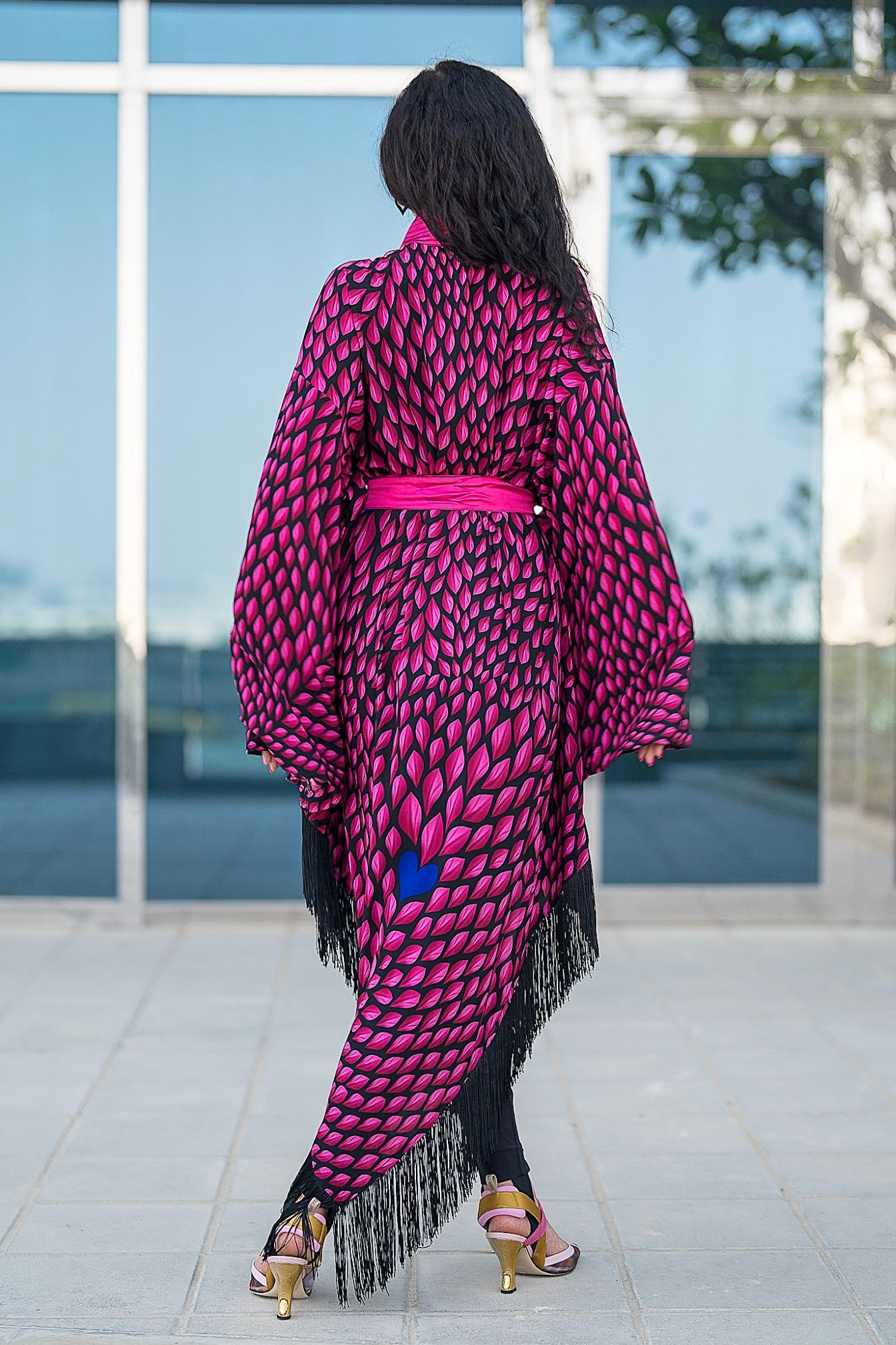Bright pink with blue hearts