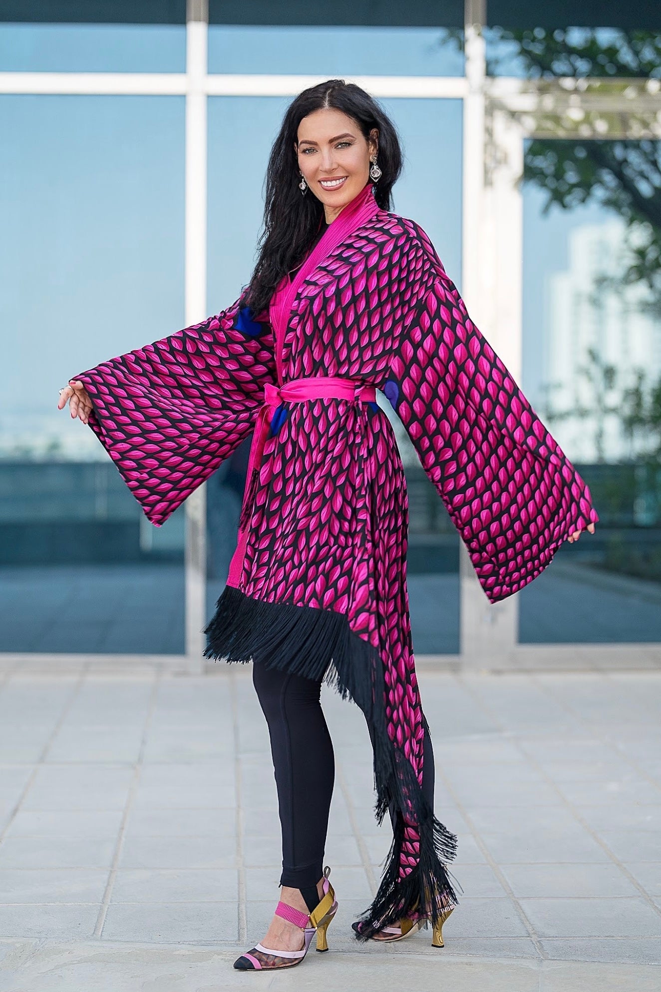 Bright pink with blue hearts