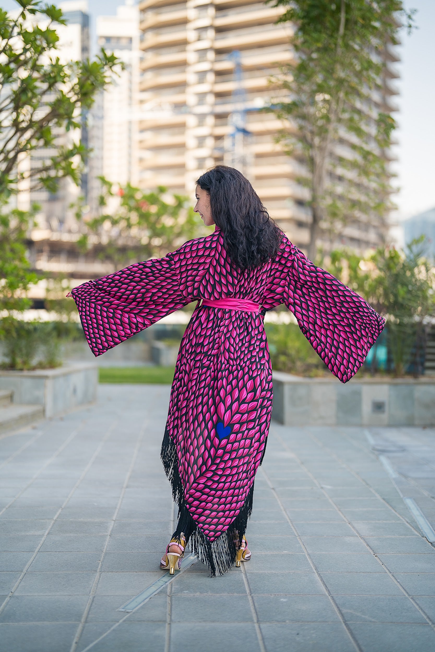 Bright pink with blue hearts