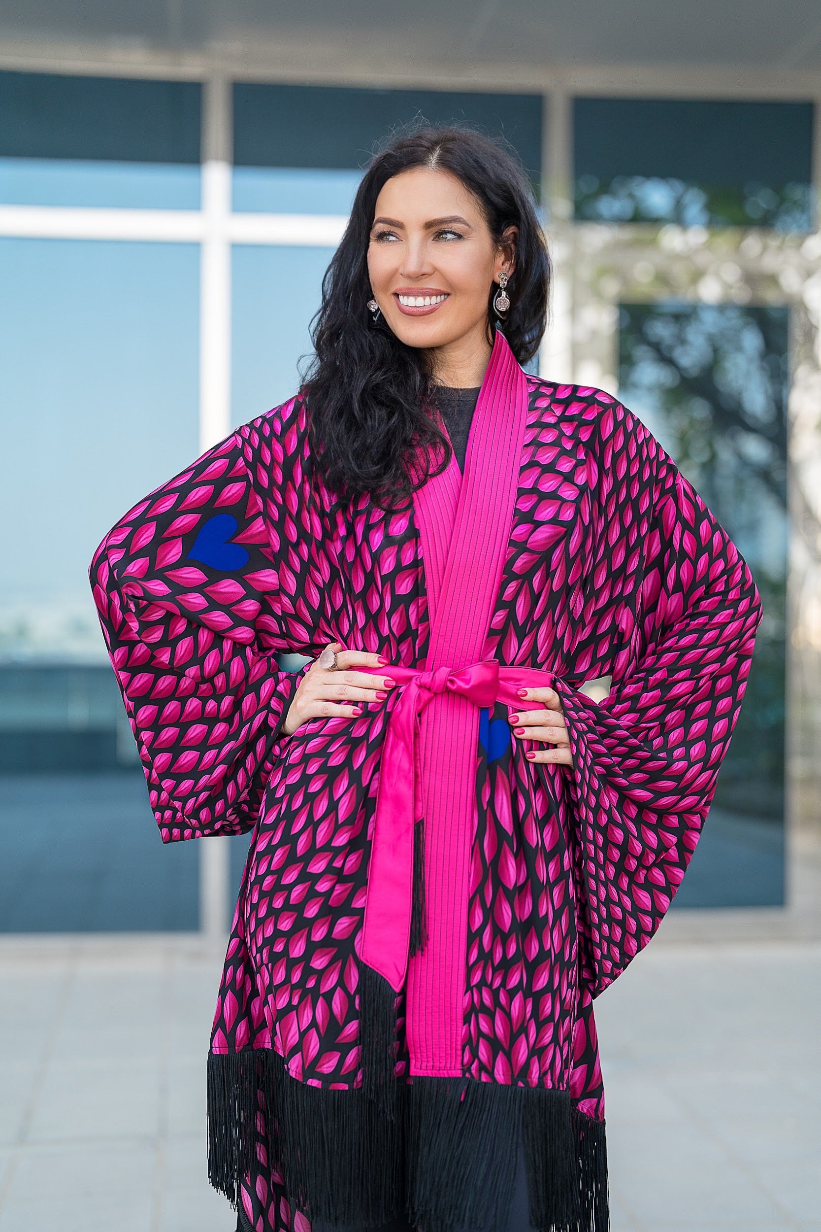 Bright pink with blue hearts